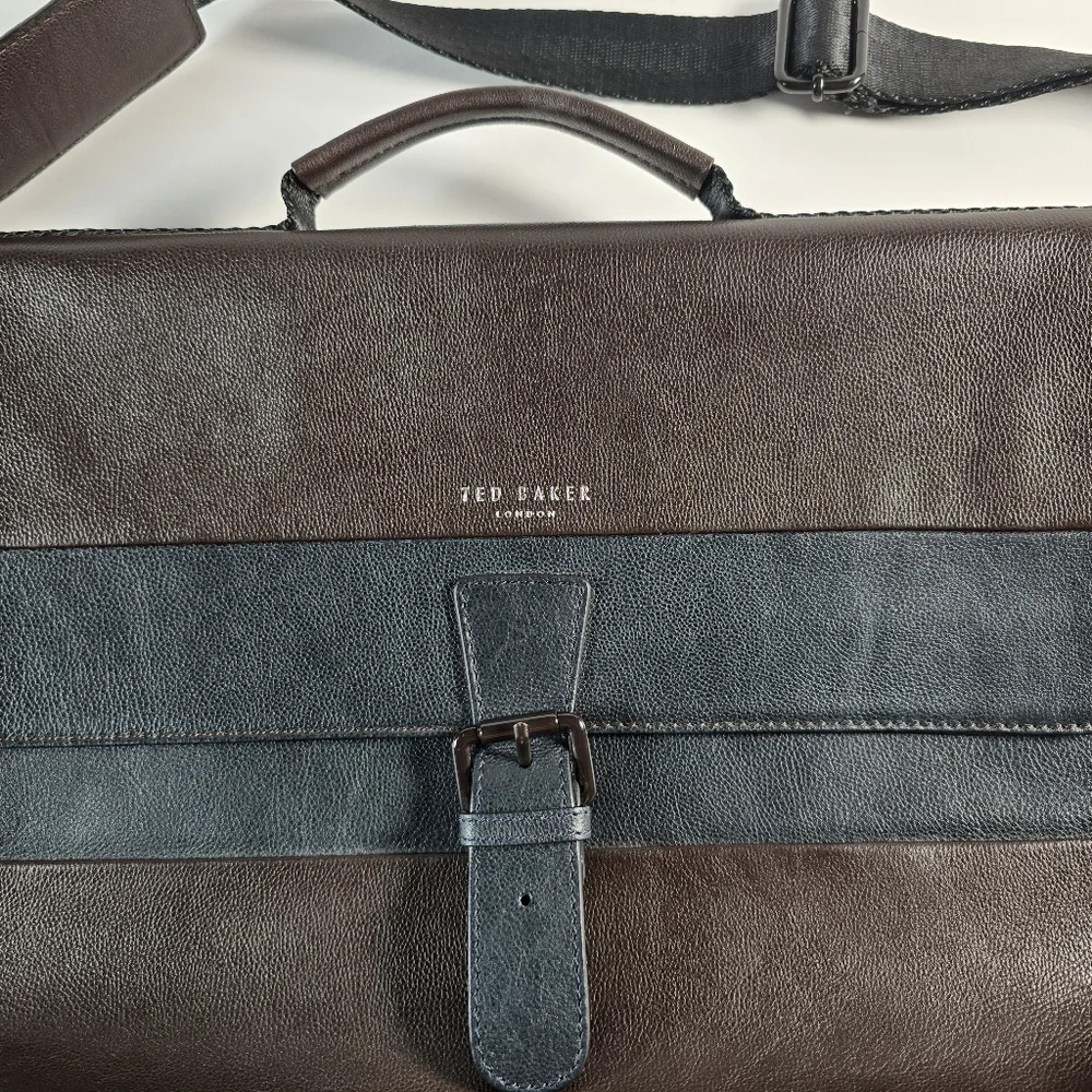 Ted Baker Bocelli Striped Leather Satchel Messenger Bag Color Block Brown Mens - Picture 2 of 6